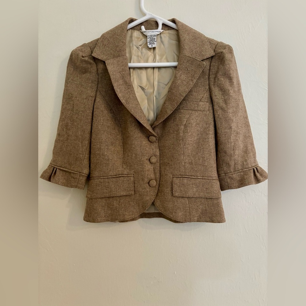 Vintage DVF Diane von Furstenberg Brown Gold Wool Cropped Jacket Blazer - Picture 4 of 7
